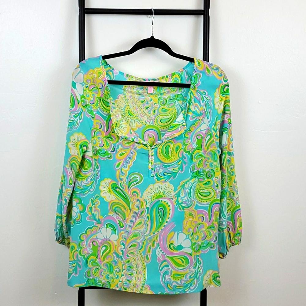 Lilly Pulitzer Shenzhen blouse top green blue pink women silk size XS